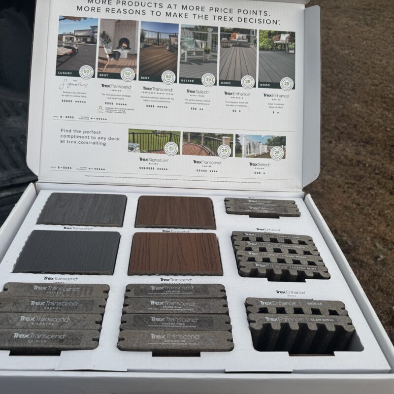 Trex composite decking sample box for custom deck projects in Garner, NC, featuring various colors and textures of Trex Transcend, Select, and Enhance lines.