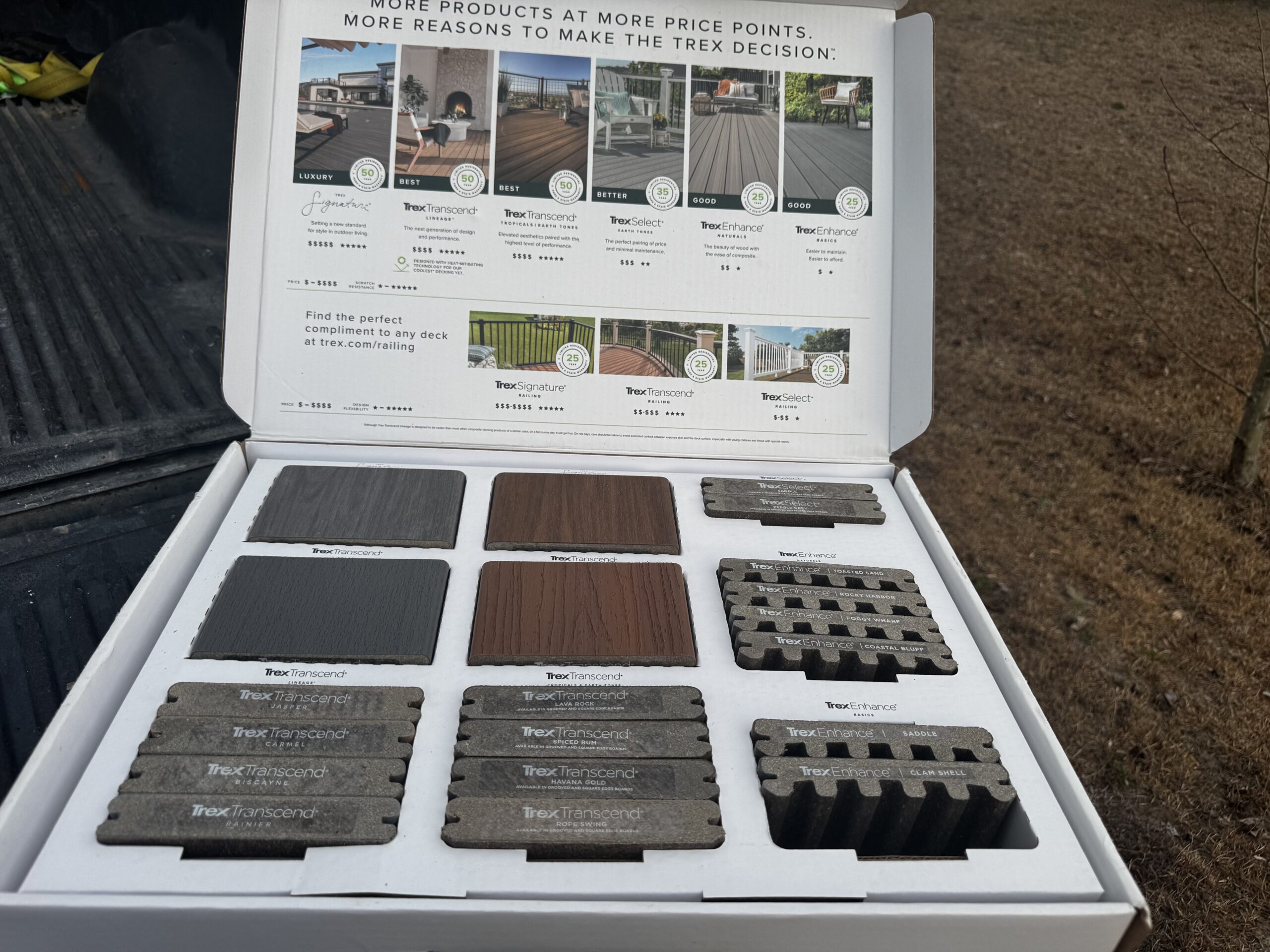 Trex composite decking sample box for custom deck projects in Garner, NC, featuring various colors and textures of Trex Transcend, Select, and Enhance lines.