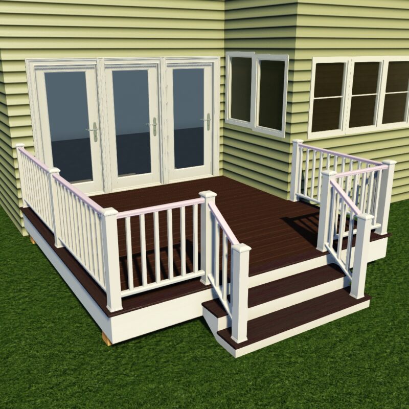 3D design rendering of a custom composite deck and porch project in Fuquay-Varina, NC, by Titan Decks.