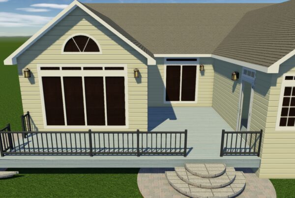 Professional 3D rendering of a luxury composite deck resurface featuring two-tone grey boards, picture-frame bordering, and black aluminum railings.