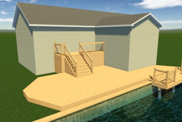 3D architectural rendering of a custom multi-level wood deck design with wide stairs and natural finish by Titan Decks.