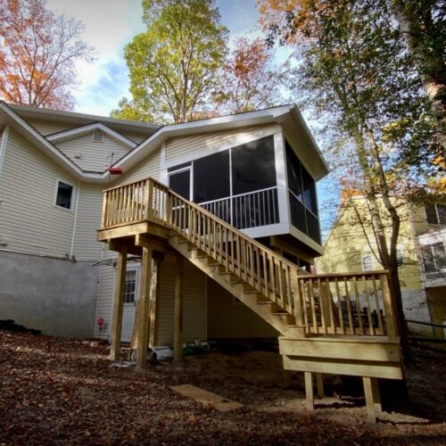 Elevated-Wood-Deck-Screened-Porch-NC Completed elevated wood deck and screened-in porch addition North Carolina by Titan Decks.