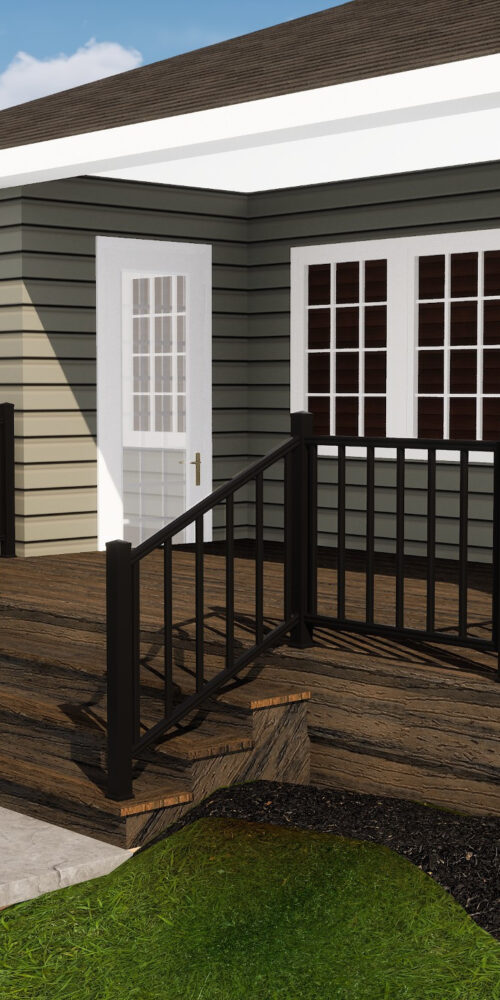 Professional 3D deck rendering for an Angier, NC home featuring Trex Transcend Toasted Sand decking and black railings.