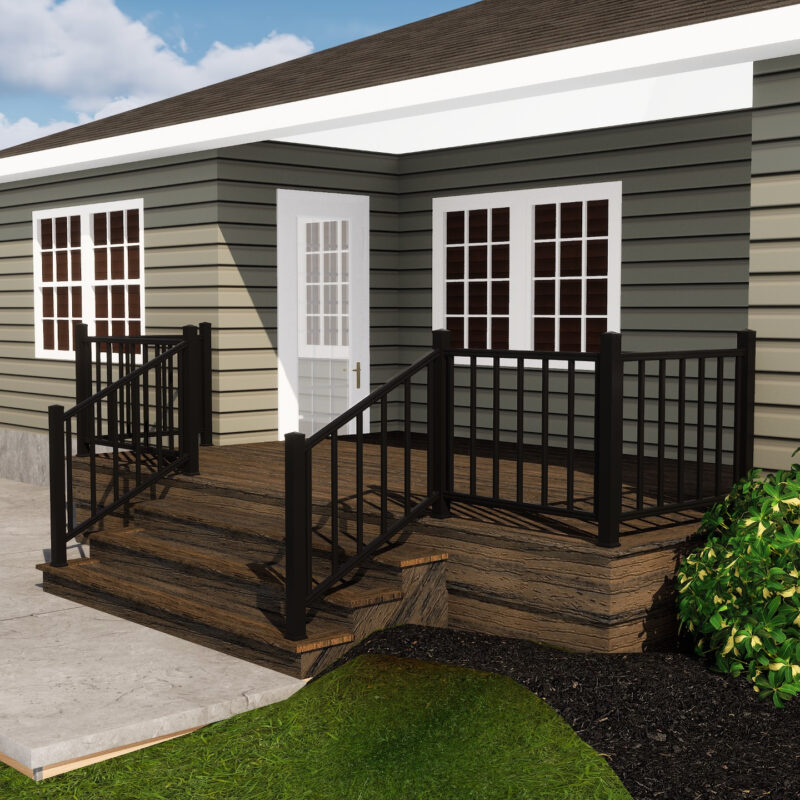 Professional 3D deck rendering for an Angier, NC home featuring Trex Transcend Toasted Sand decking and black railings.