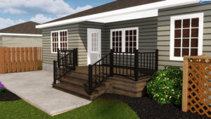 Professional 3D deck rendering for an Angier, NC home featuring Trex Transcend Toasted Sand decking and black railings.