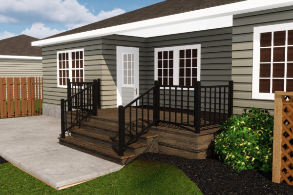 Trex Toasted Sand Deck Resurface Rendering Professional 3D deck rendering for an Angier, NC home featuring Trex Transcend Toasted Sand decking and black railings.