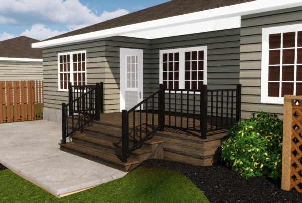 Professional 3D deck rendering for an Angier, NC home featuring Trex Transcend Toasted Sand decking and black railings.