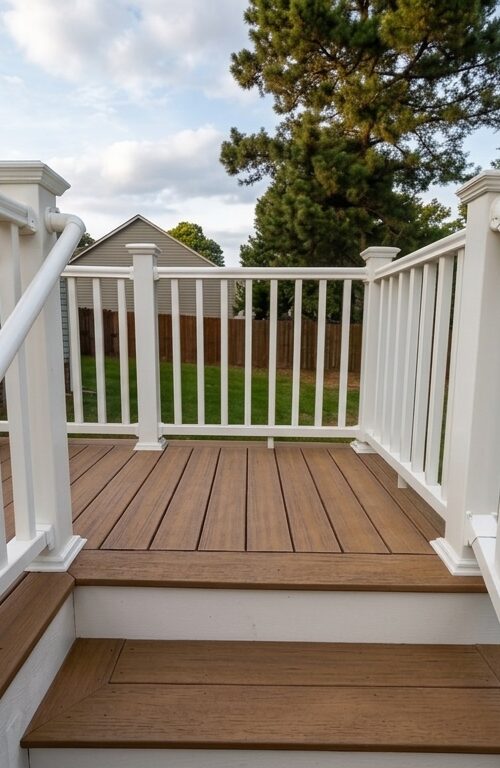 Golden hour view of a finished Trex composite deck with white vinyl railing, installed by Titan Decks near Sanford, NC
