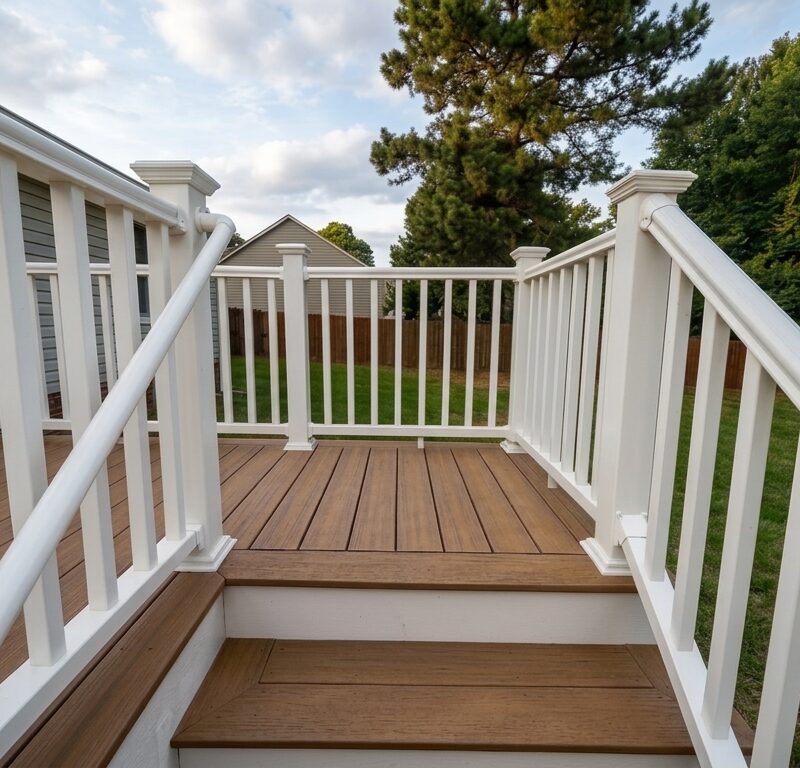 Golden hour view of a finished Trex composite deck with white vinyl railing, installed by Titan Decks near Sanford, NC