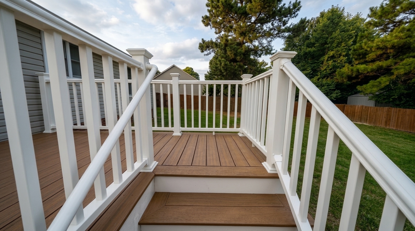 Golden hour view of a finished Trex composite deck with white vinyl railing, installed by Titan Decks near Sanford, NC