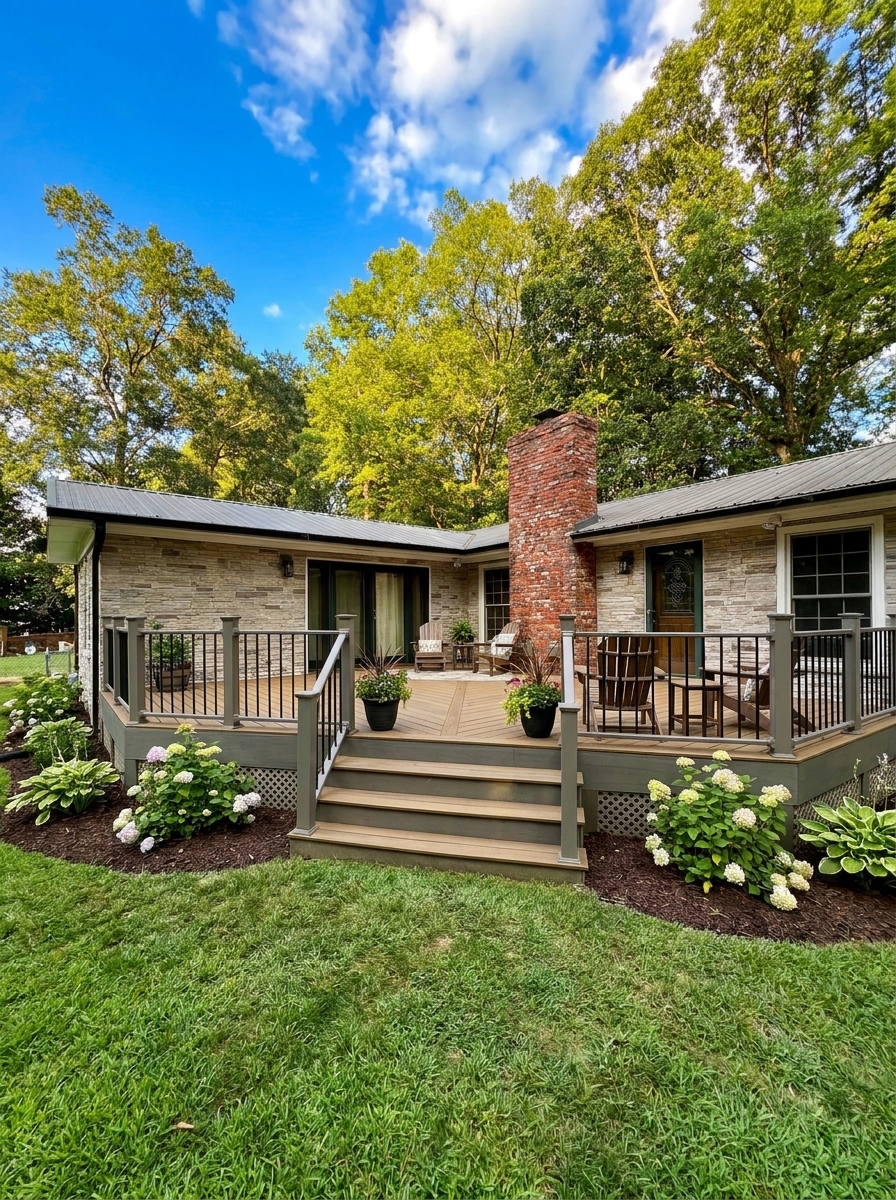TimberTech composite deck with gray railing and stone home exterior in North Carolina