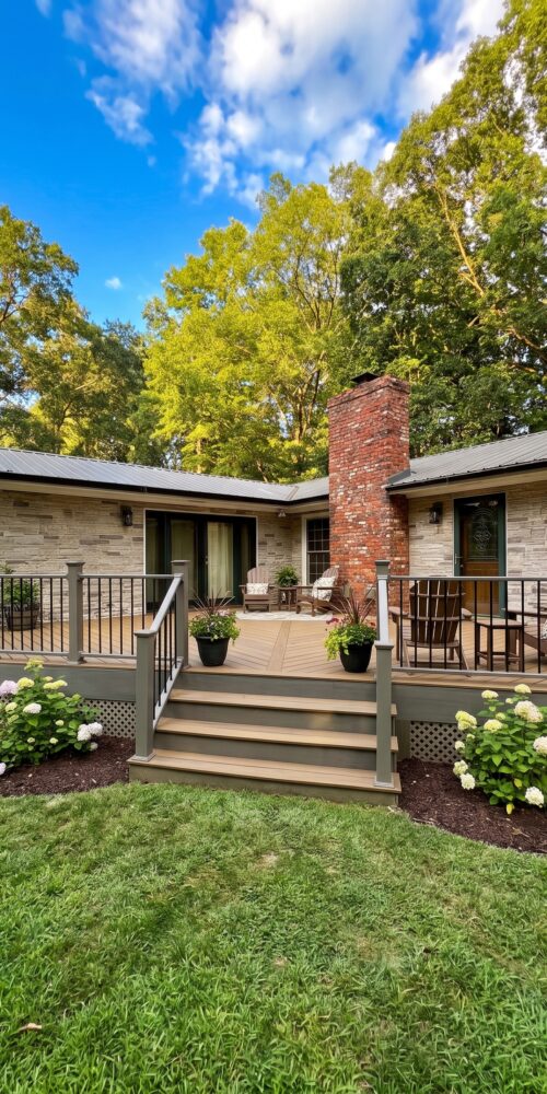 TimberTech composite deck with gray railing and stone home exterior in North Carolina