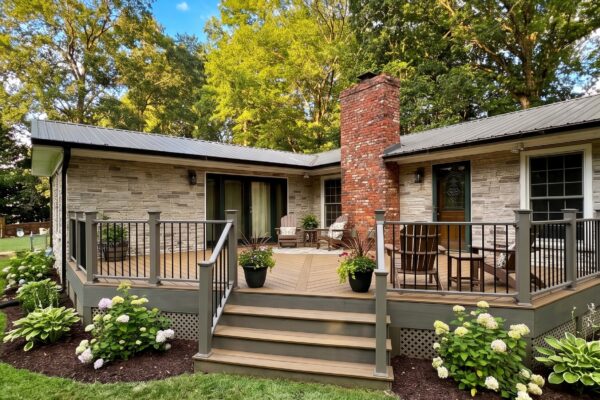 TimberTech composite deck with gray railing and stone home exterior in North Carolina