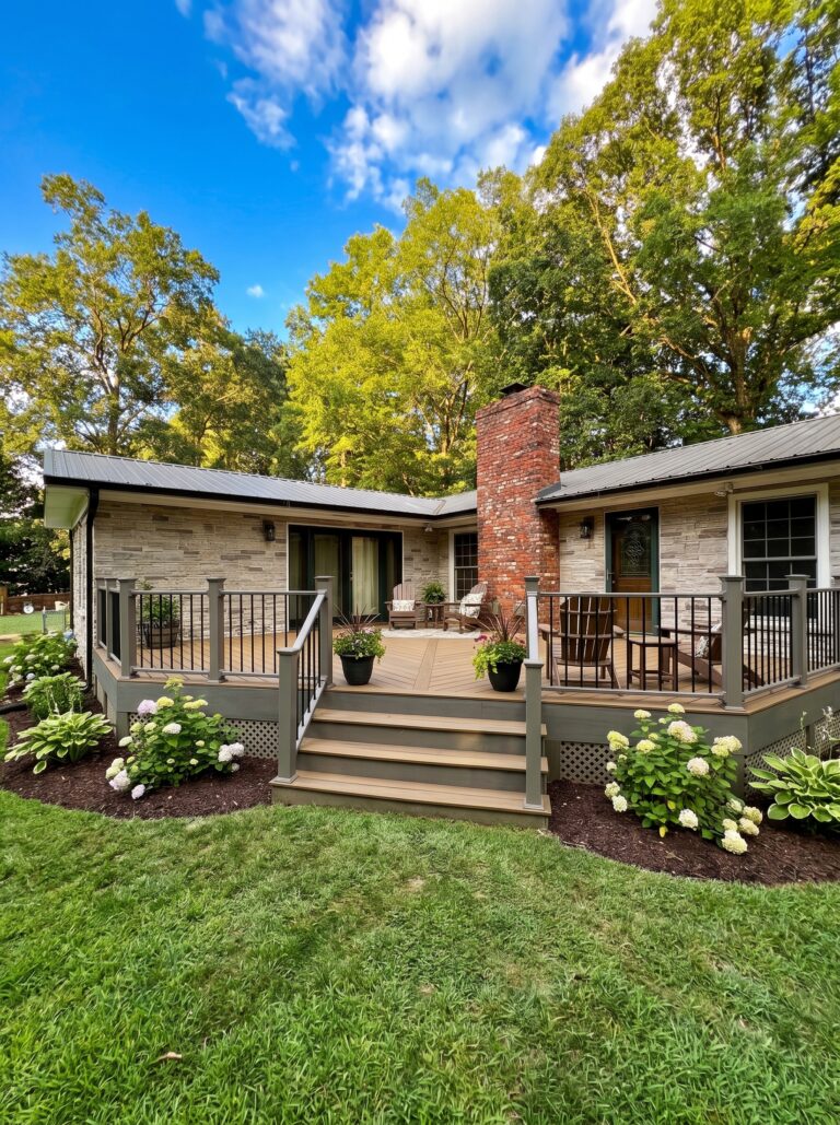 TimberTech composite deck with gray railing and stone home exterior in North Carolina