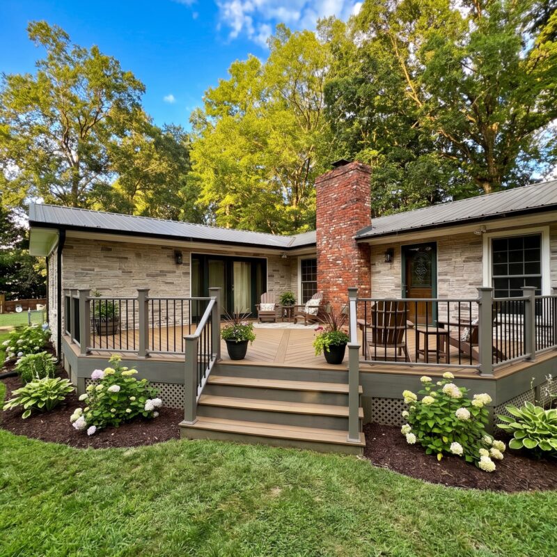 TimberTech composite deck with gray railing and stone home exterior in North Carolina