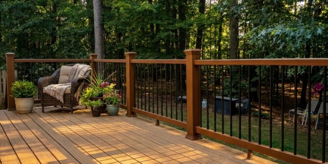 Trex composite deck with brown railing and outdoor seating in North Carolina