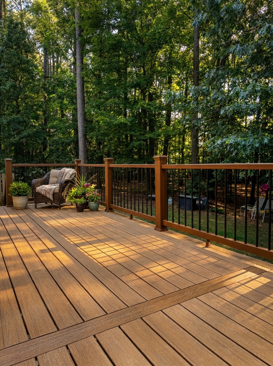 Trex composite deck with brown railing and outdoor seating in North Carolina